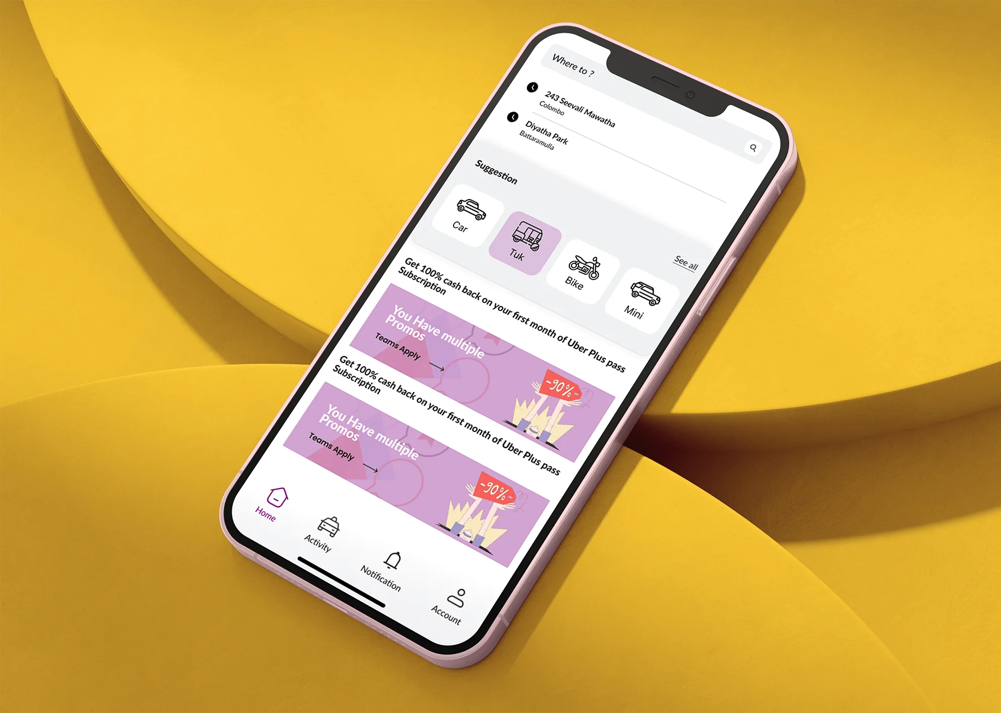 Ride-hailing mobile-app UI mock-up displayed on a pink smartphone against a bold yellow backdrop, designed by W3Inventor Creative Studio