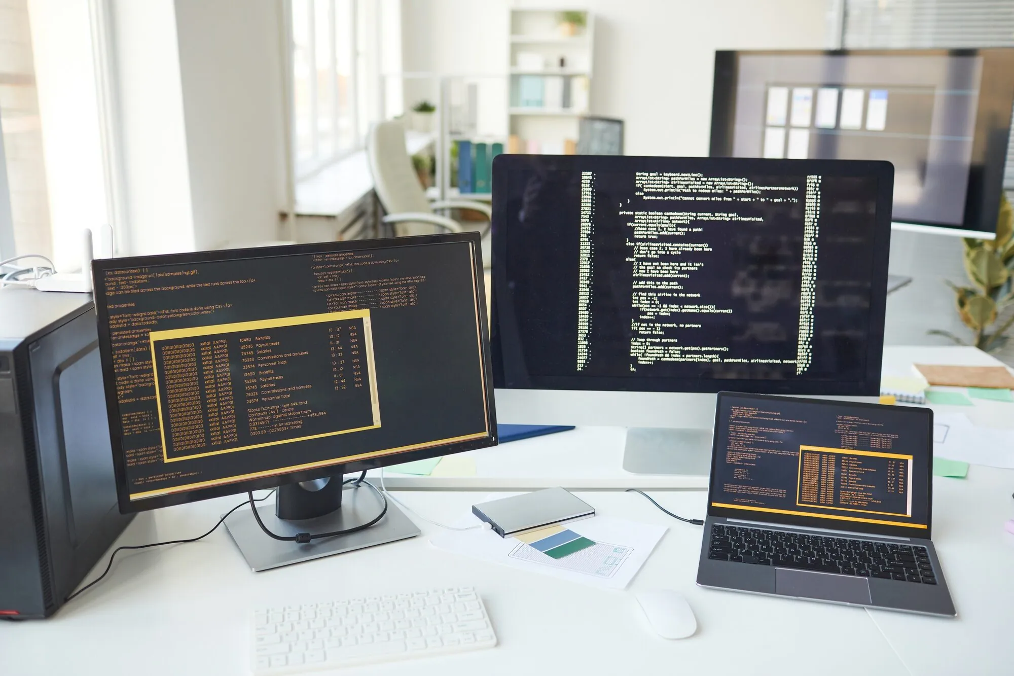 Multiple monitors and a laptop running backend code and terminal outputs in W3Inventor’s web development workspace