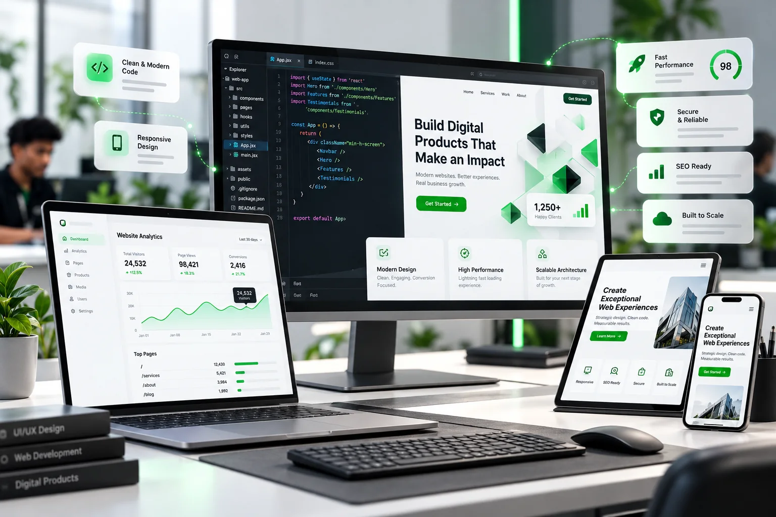web development – Modern green-tech web development workspace