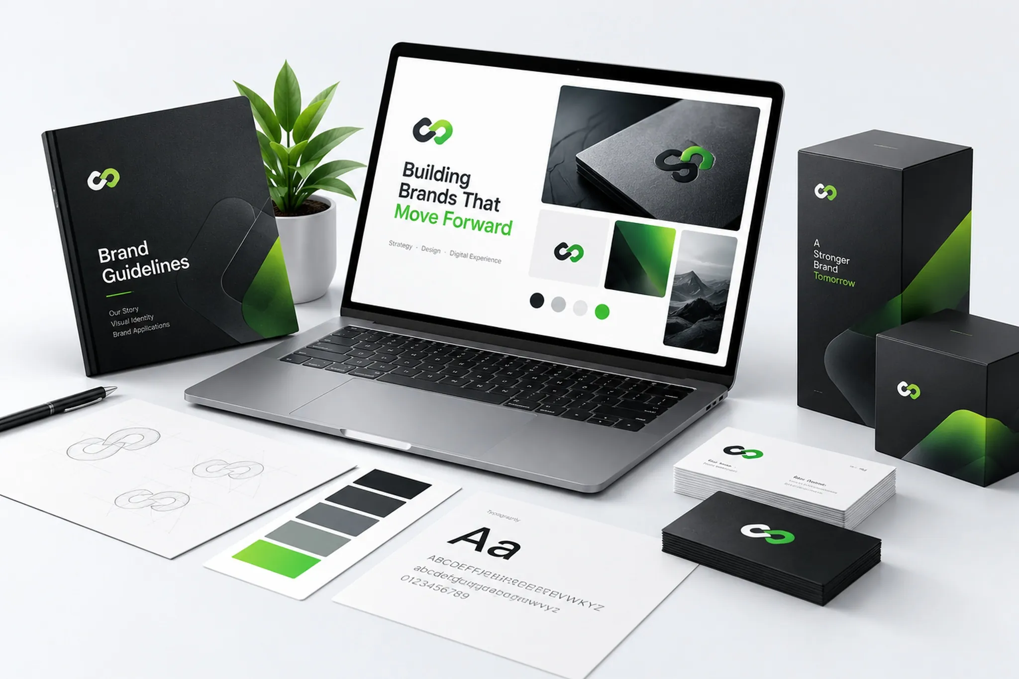 Brand guidelines mockup on a laptop with packaging and business cards